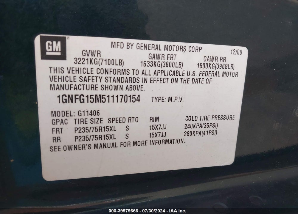 2001 CHEVROLET EXPRESS VIN: 1GNFG15M511170154