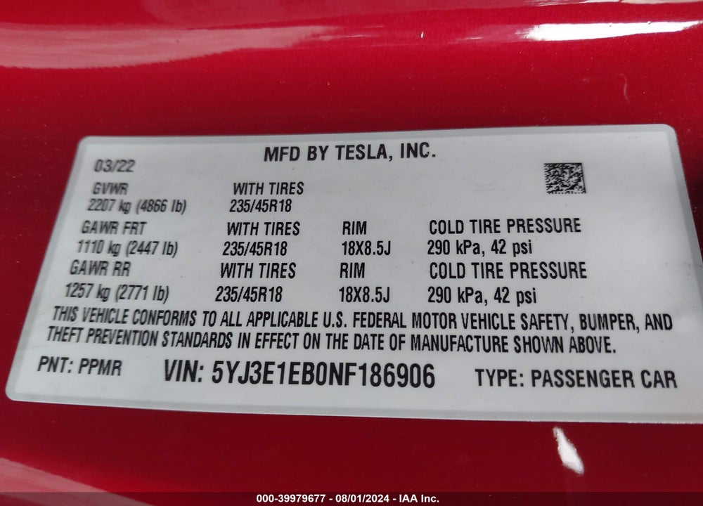 2022 TESLA MODEL 3 LONG RANGE DUAL MOTOR ALL-WHEEL DRIVE VIN: 5YJ3E1EB0NF186906