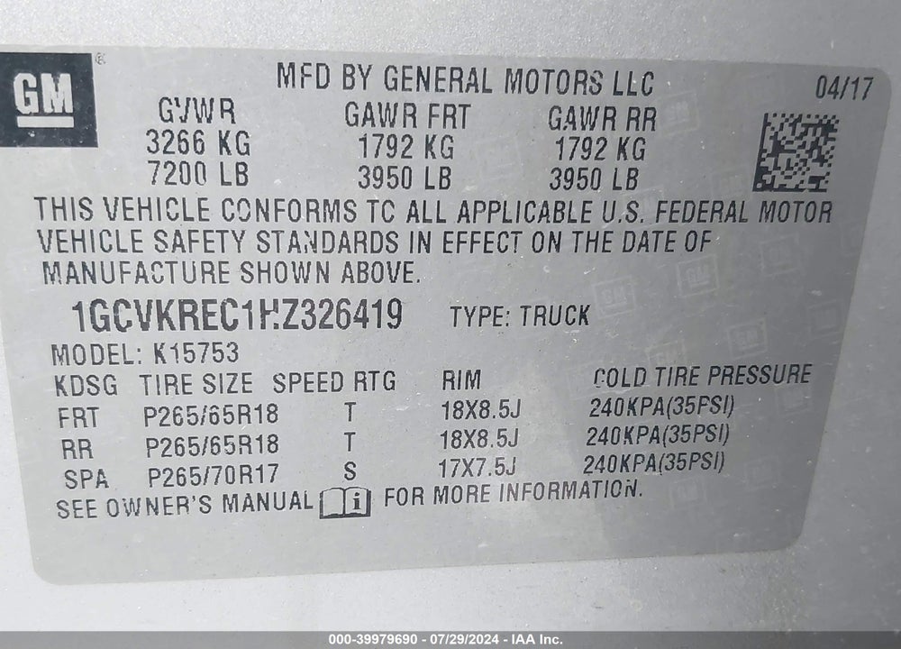 2017 CHEVROLET SILVERADO 1500 2LT VIN: 1GCVKREC1HZ326419