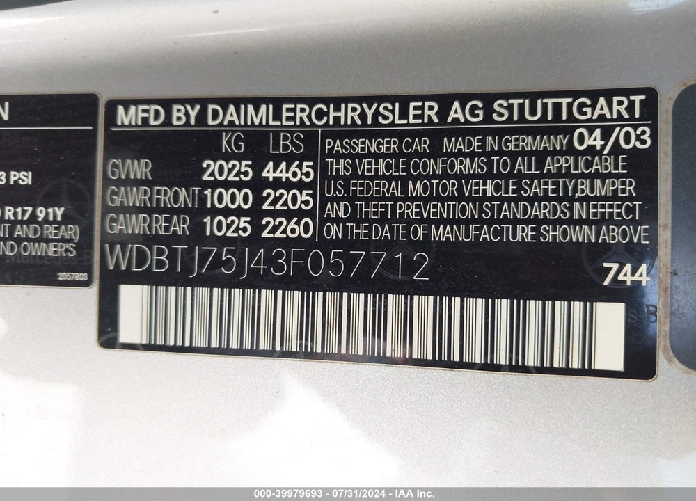 2003 MERCEDES-BENZ CLK 500 VIN: WDBTJ75J43F057712