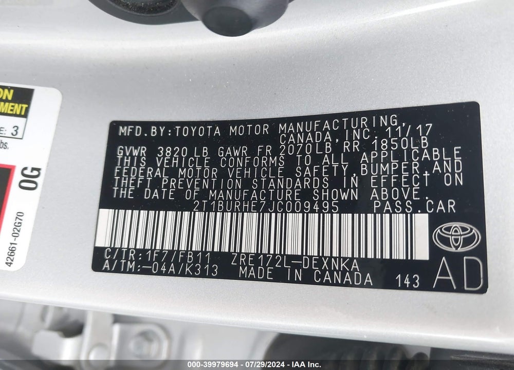 2018 TOYOTA COROLLA LE VIN: 2T1BURHE7JC009495