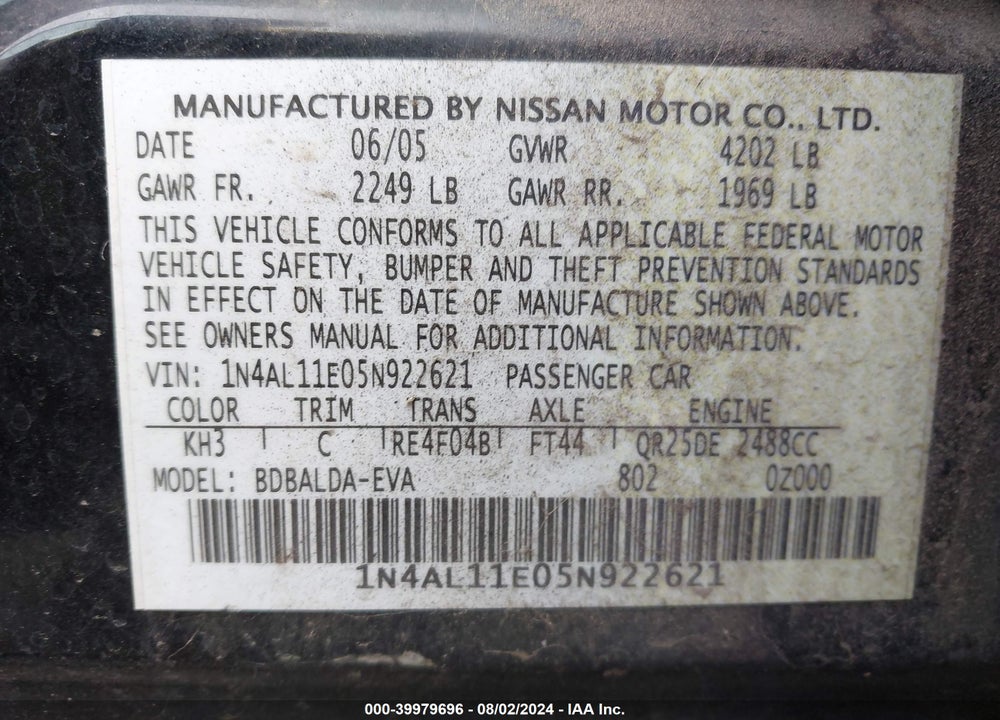 2005 NISSAN ALTIMA 2.5 S VIN: 1N4AL11E05N922621