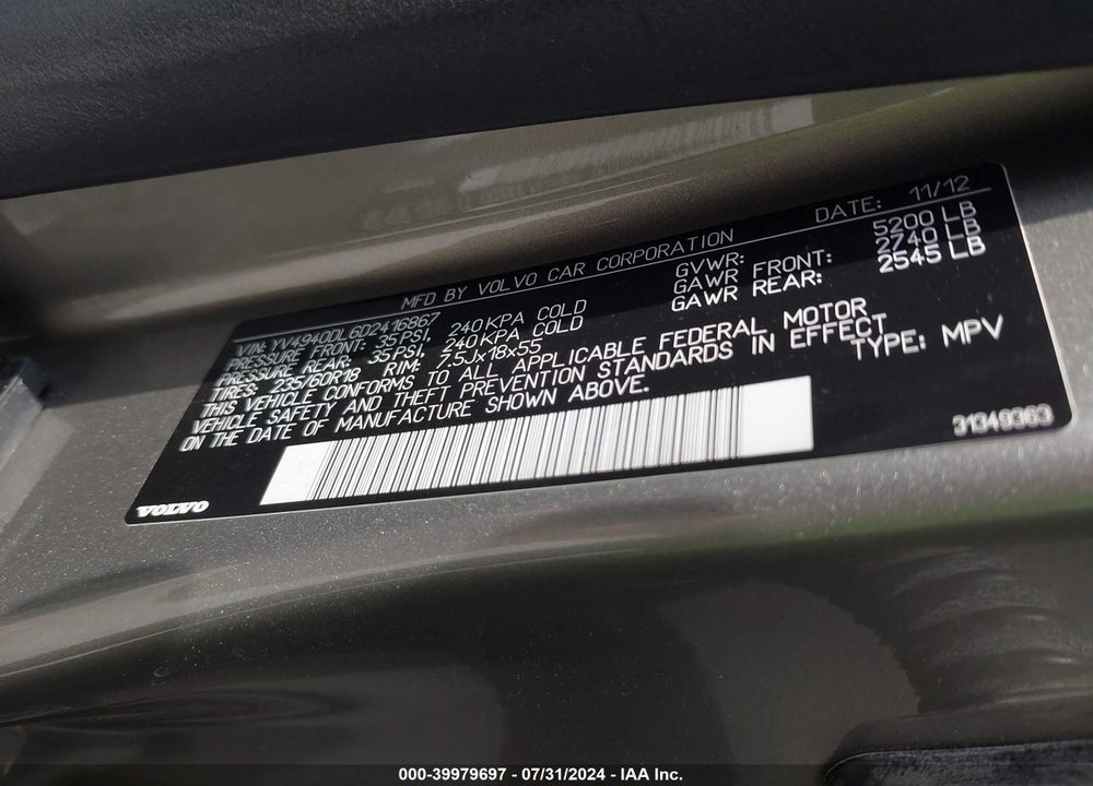 2013 VOLVO XC60 3.2/3.2 PLATINUM/3.2 PREMIER/3.2 PREMIER PLUS VIN: YV4940DL6D2416867