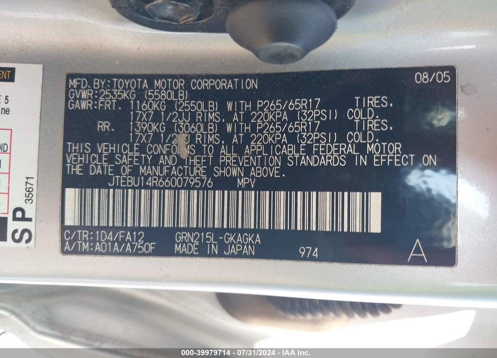 2006 TOYOTA 4RUNNER SR5 V6 VIN: JTEBU14R660079576