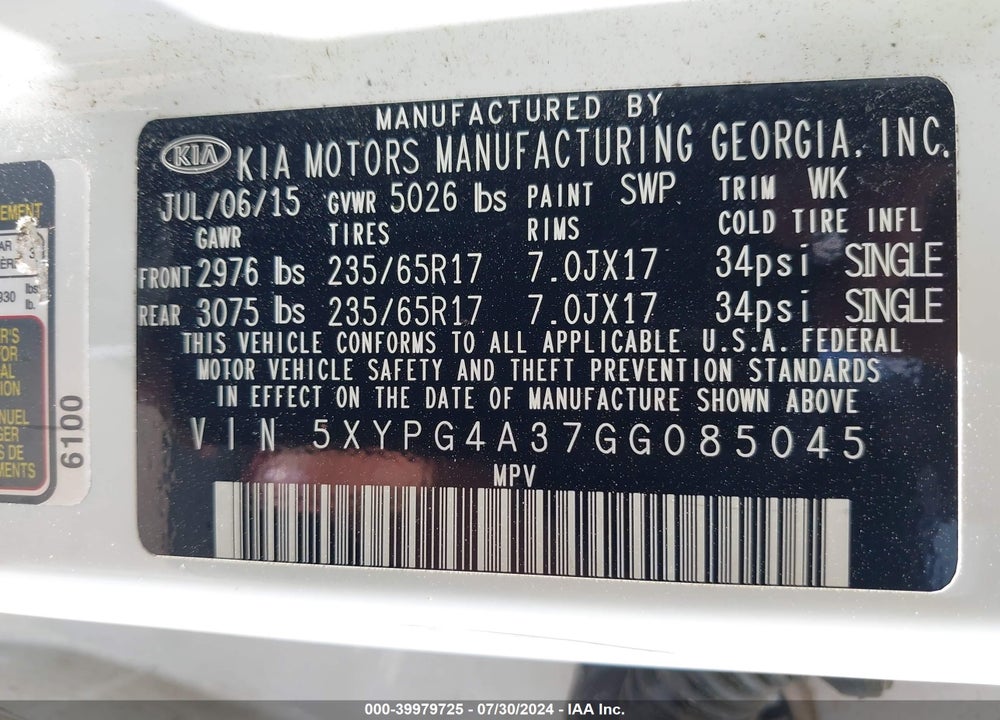 2016 KIA SORENTO 2.4L LX VIN: 5XYPG4A37GG085045