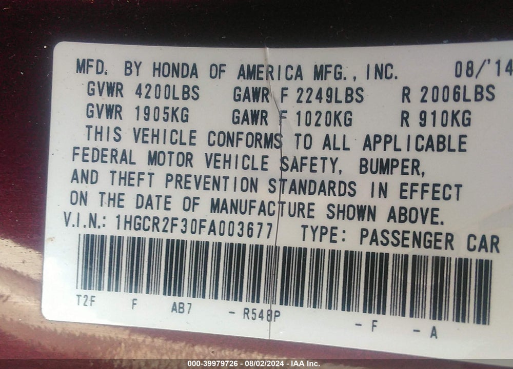 2015 HONDA ACCORD LX VIN: 1HGCR2F30FA003677