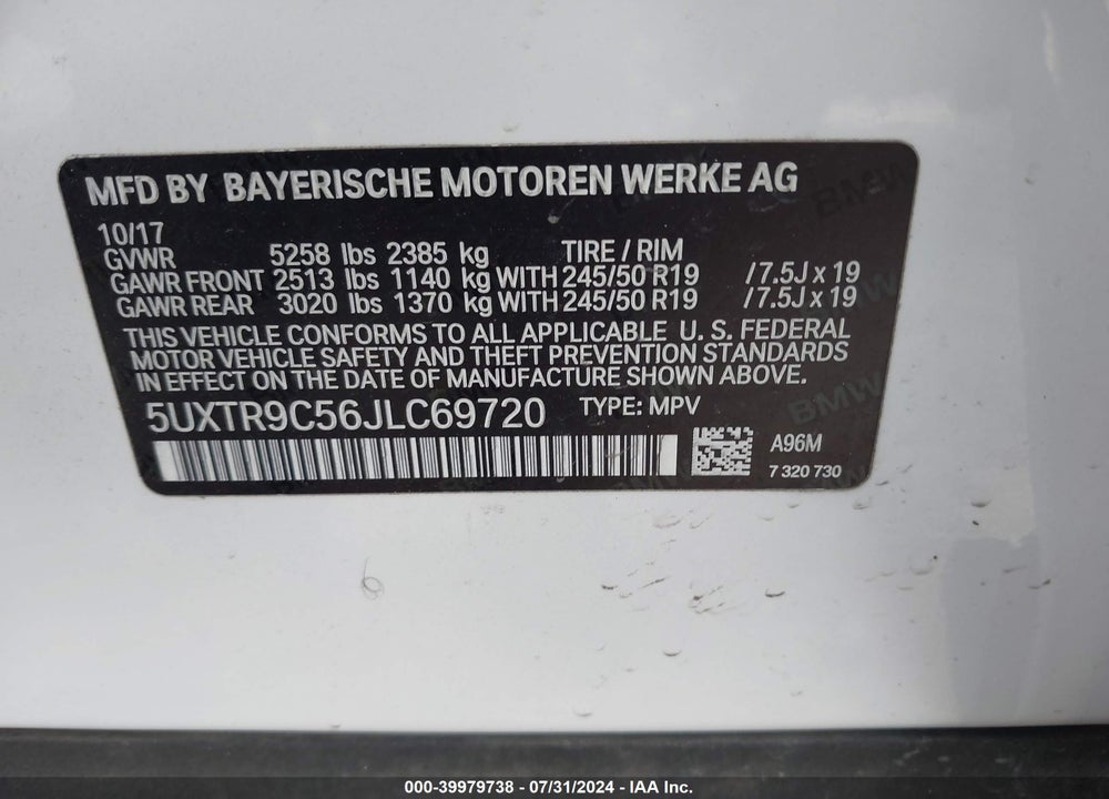 2018 BMW X3 VIN: 5UXTR9C56JLC69720
