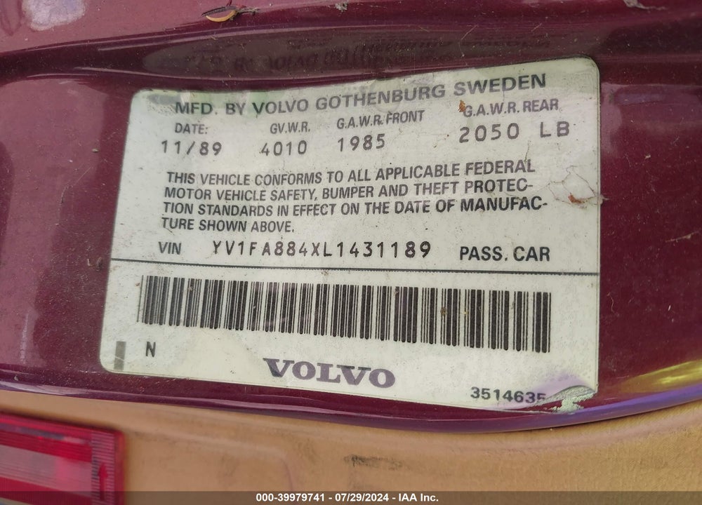 1990 VOLVO 740 GL VIN: YV1FA884XL1431189