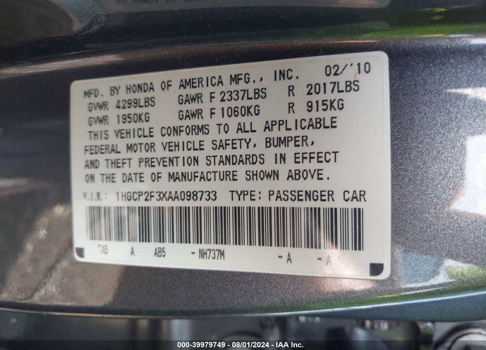 2010 HONDA ACCORD 2.4 LX VIN: 1HGCP2F3XAA098733