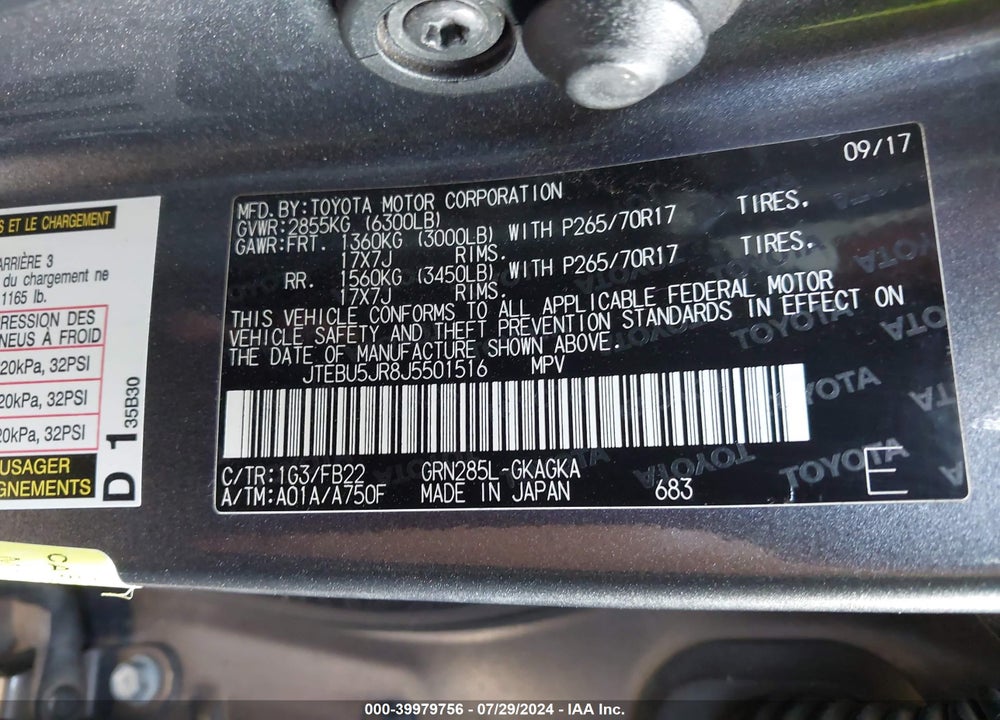 2018 TOYOTA 4RUNNER SR5 VIN: JTEBU5JR8J5501516