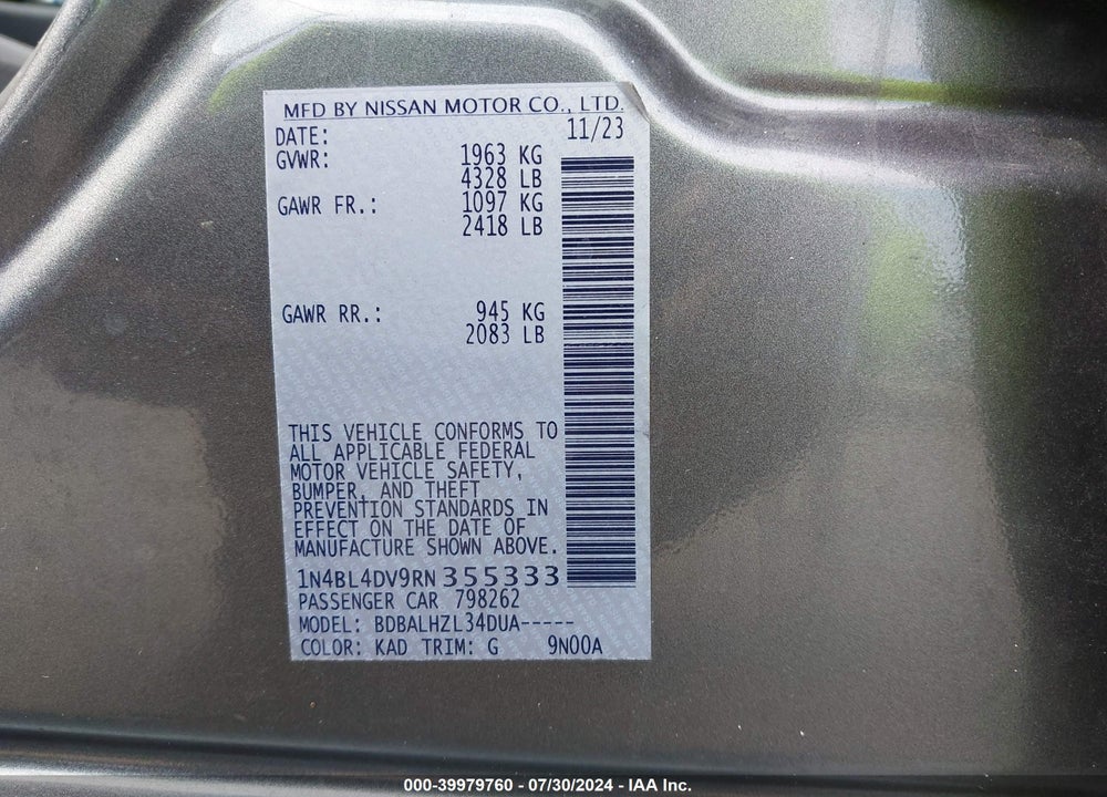 2024 NISSAN ALTIMA SV FWD VIN: 1N4BL4DV9RN355333