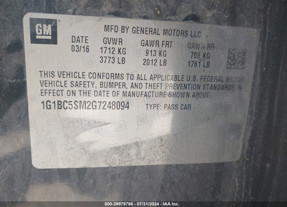 2016 CHEVROLET CRUZE VIN: 1G1BC5SM2G7248094