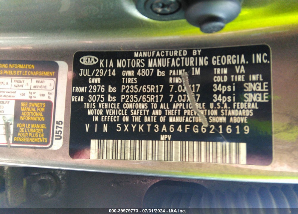 2015 KIA SORENTO LX VIN: 5XYKT3A64FG621619
