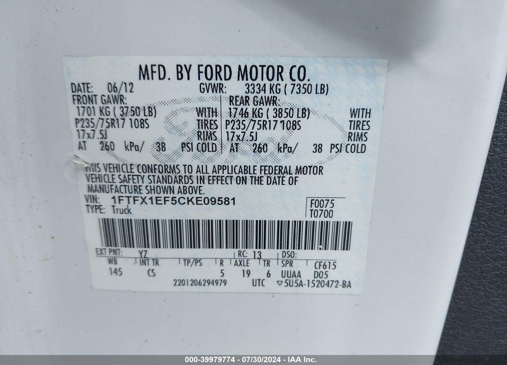 2012 FORD F-150 STX VIN: 1FTFX1EF5CKE09581