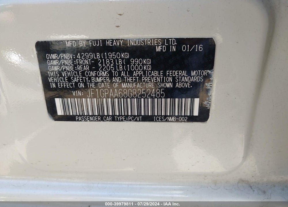 2016 SUBARU IMPREZA 2.0I VIN: JF1GPAA68G8252485