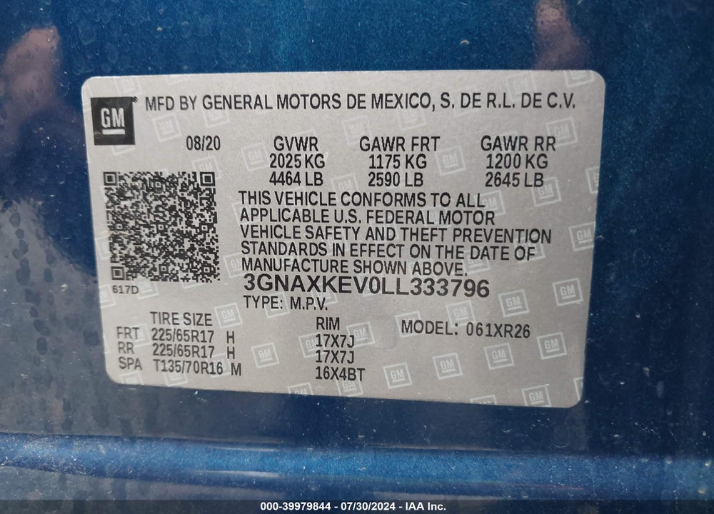 2020 CHEVROLET EQUINOX FWD LT 1.5L TURBO VIN: 3GNAXKEV0LL333796