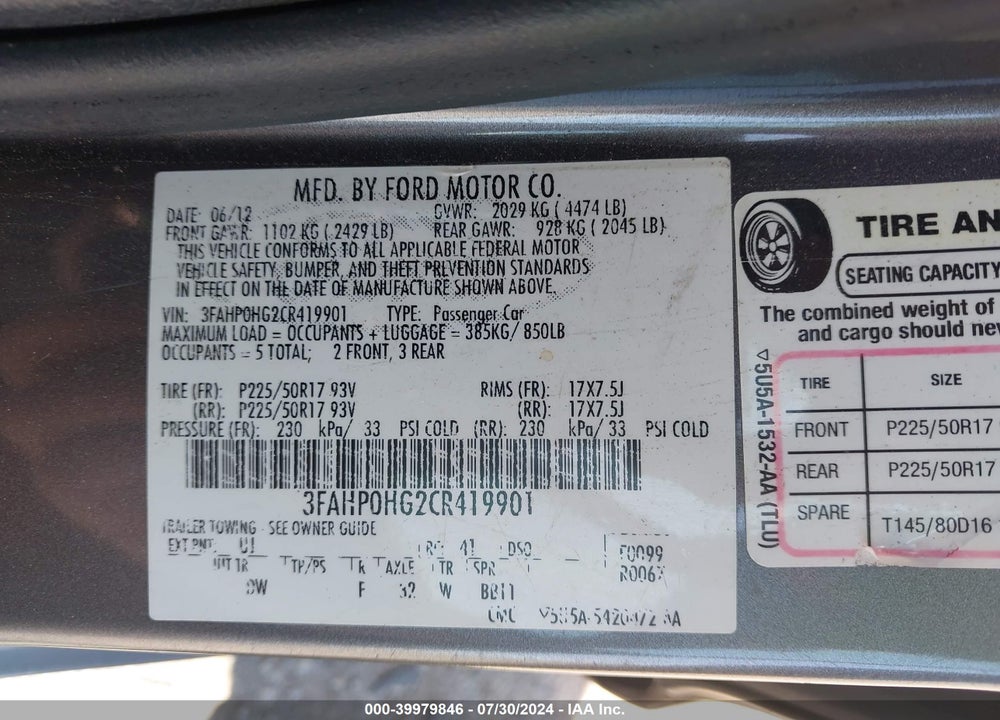 2012 FORD FUSION VIN: 3FAHP0HG2CR419901