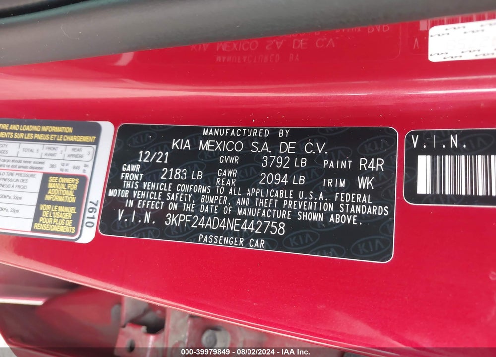 2022 KIA FORTE LXS VIN: 3KPF24AD4NE442758