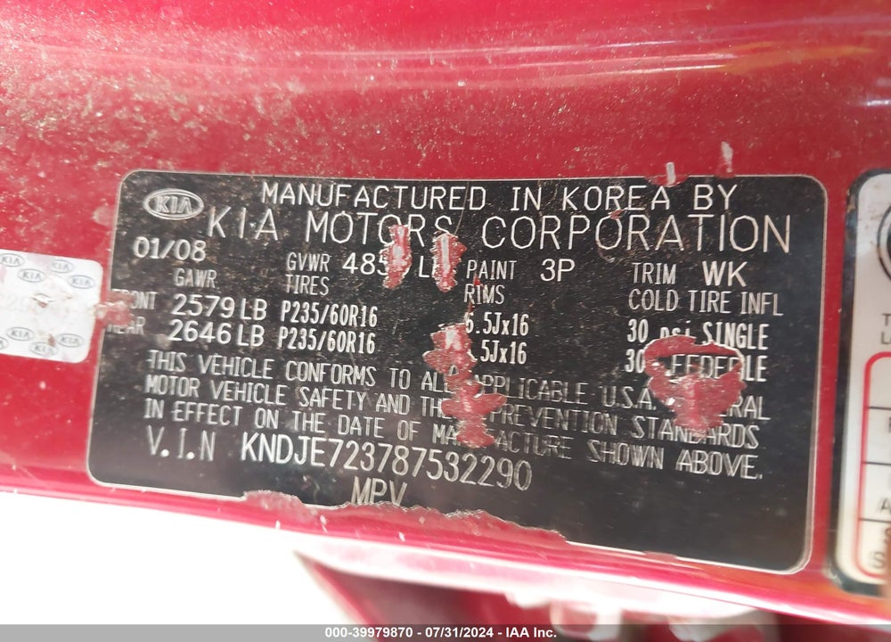 2008 KIA SPORTAGE EX V6 VIN: KNDJE723787532290