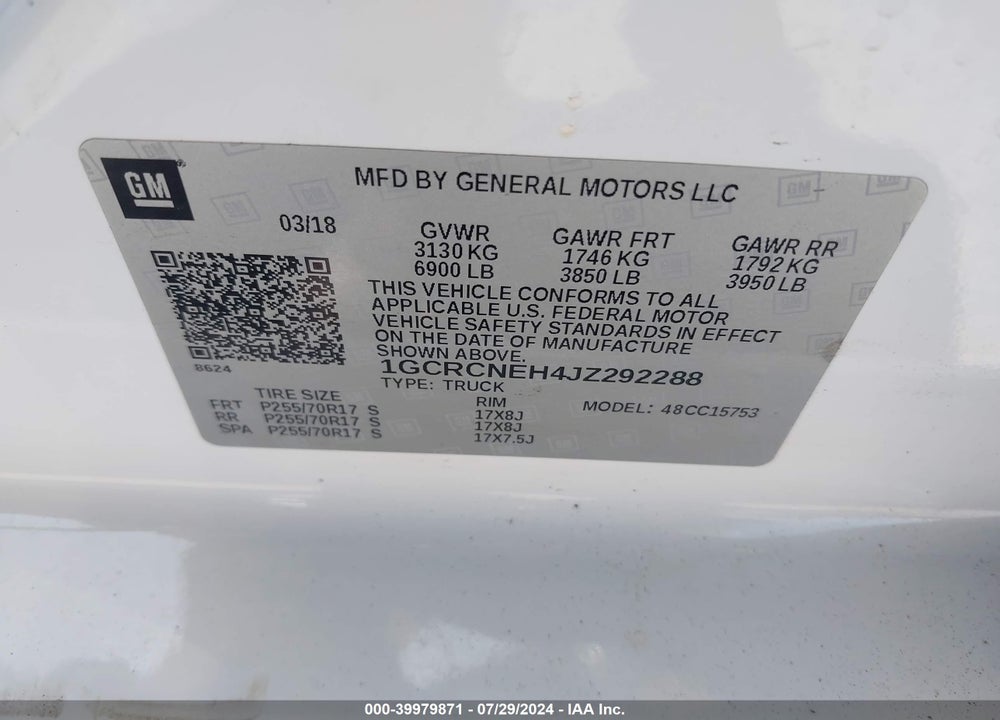 2018 CHEVROLET SILVERADO 1500 WT VIN: 1GCRCNEH4JZ292288