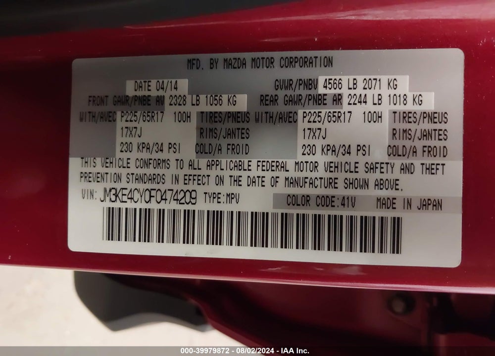 2015 MAZDA CX-5 TOURING VIN: JM3KE4CY0F0474209