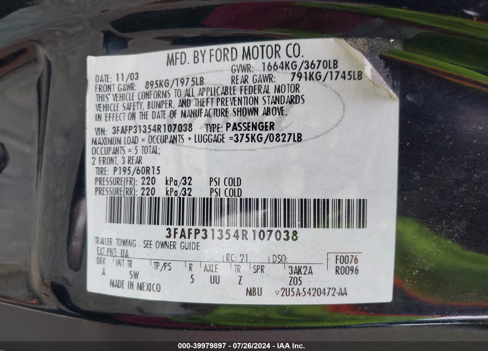 2004 FORD FOCUS ZX3 VIN: 3FAFP31354R107038