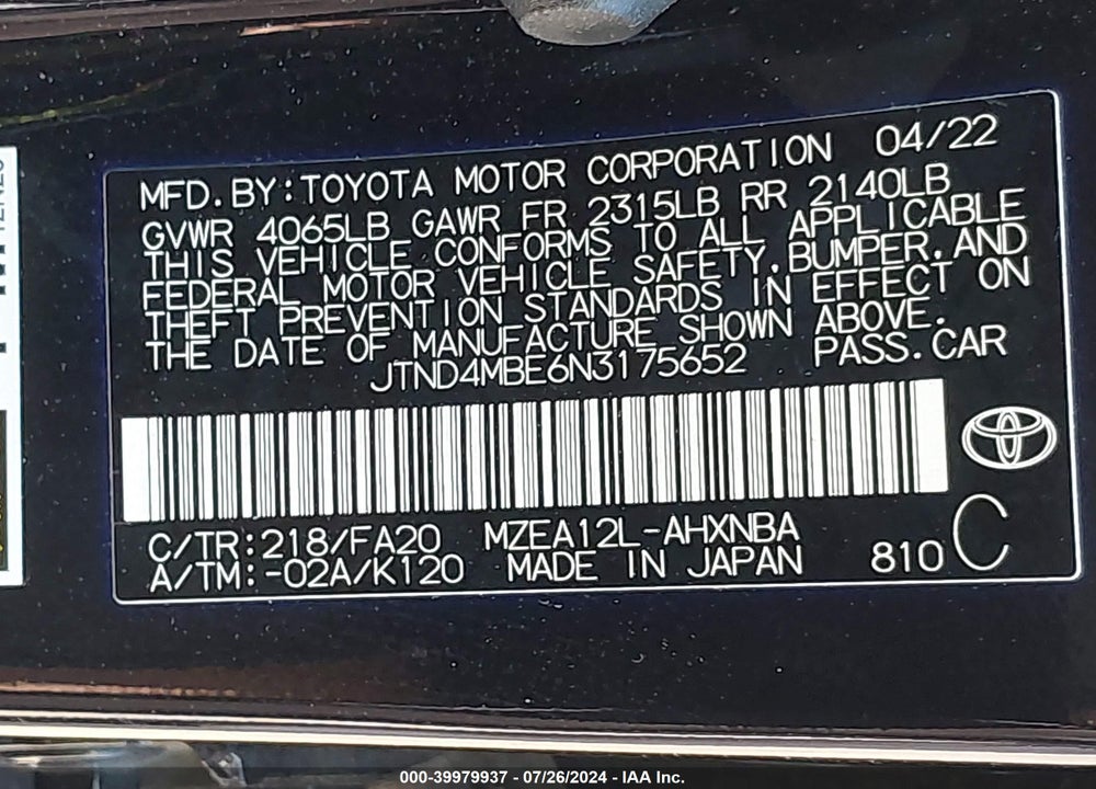 2022 TOYOTA COROLLA SE NIGHTSHADE EDITION VIN: JTND4MBE6N3175652