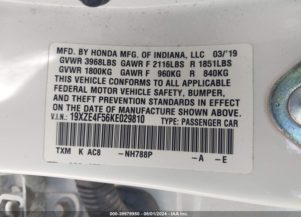 2019 HONDA INSIGHT EX VIN: 19XZE4F56KE029810