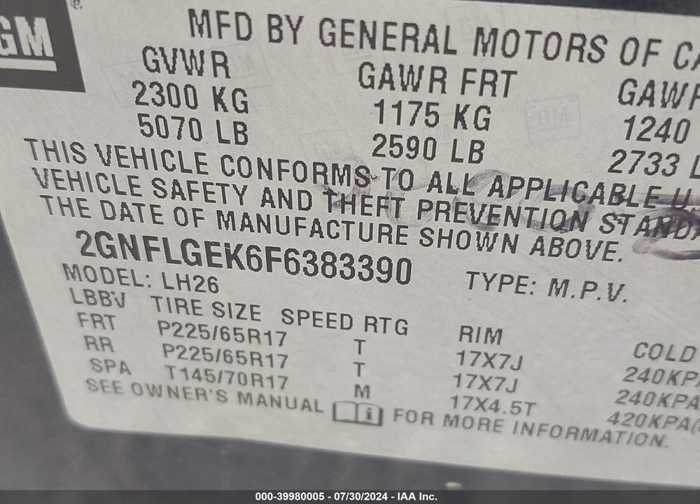 2015 CHEVROLET EQUINOX VIN: 2GNFLGEK6F6383390