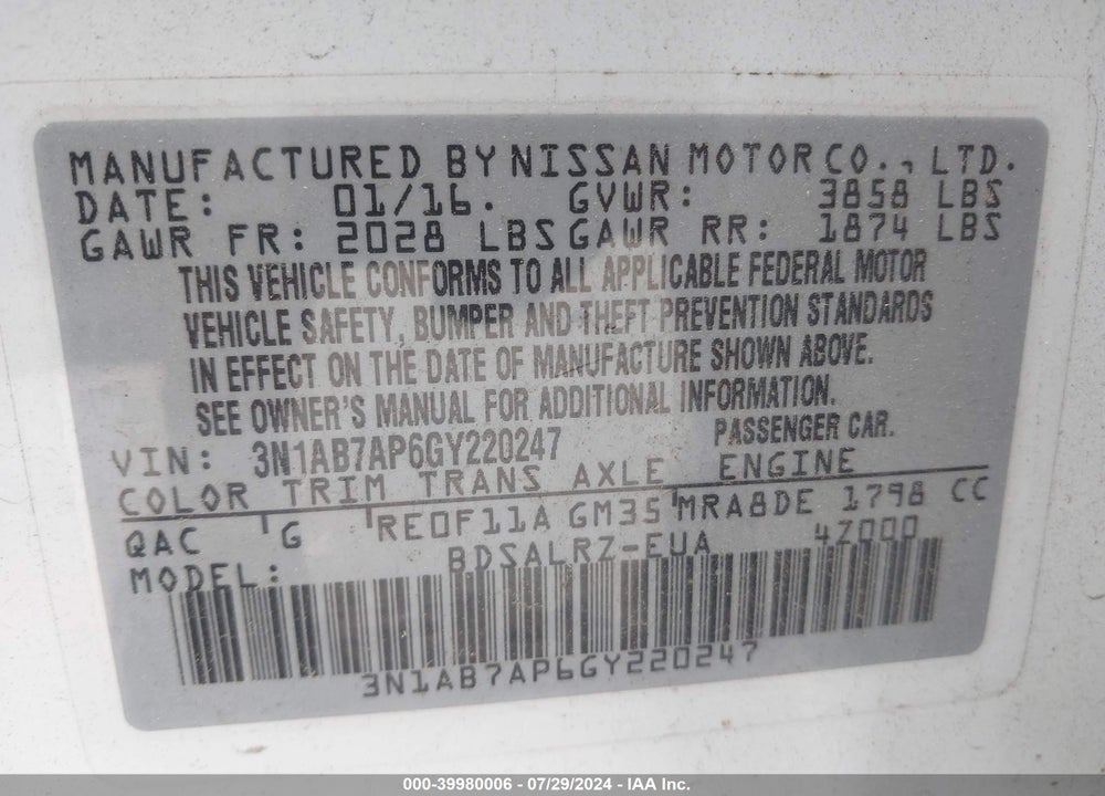 2016 NISSAN SENTRA FE+ S/S/SL/SR/SV VIN: 3N1AB7AP6GY220247