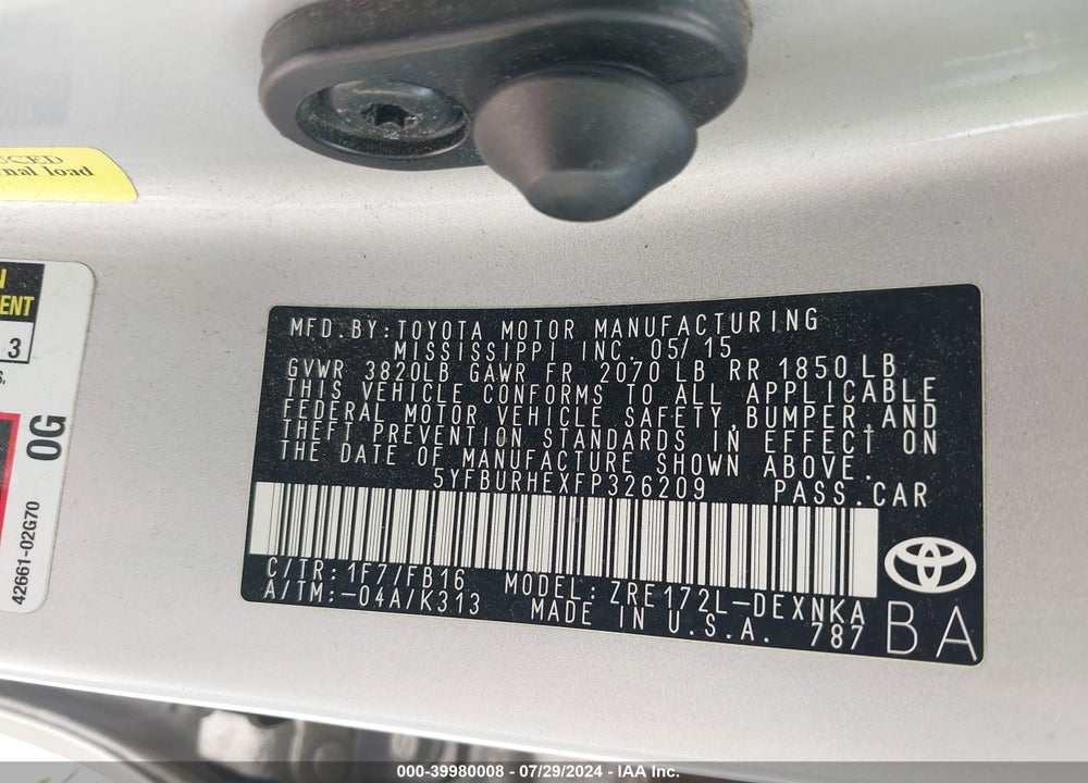 2015 TOYOTA COROLLA LE VIN: 5YFBURHEXFP326209