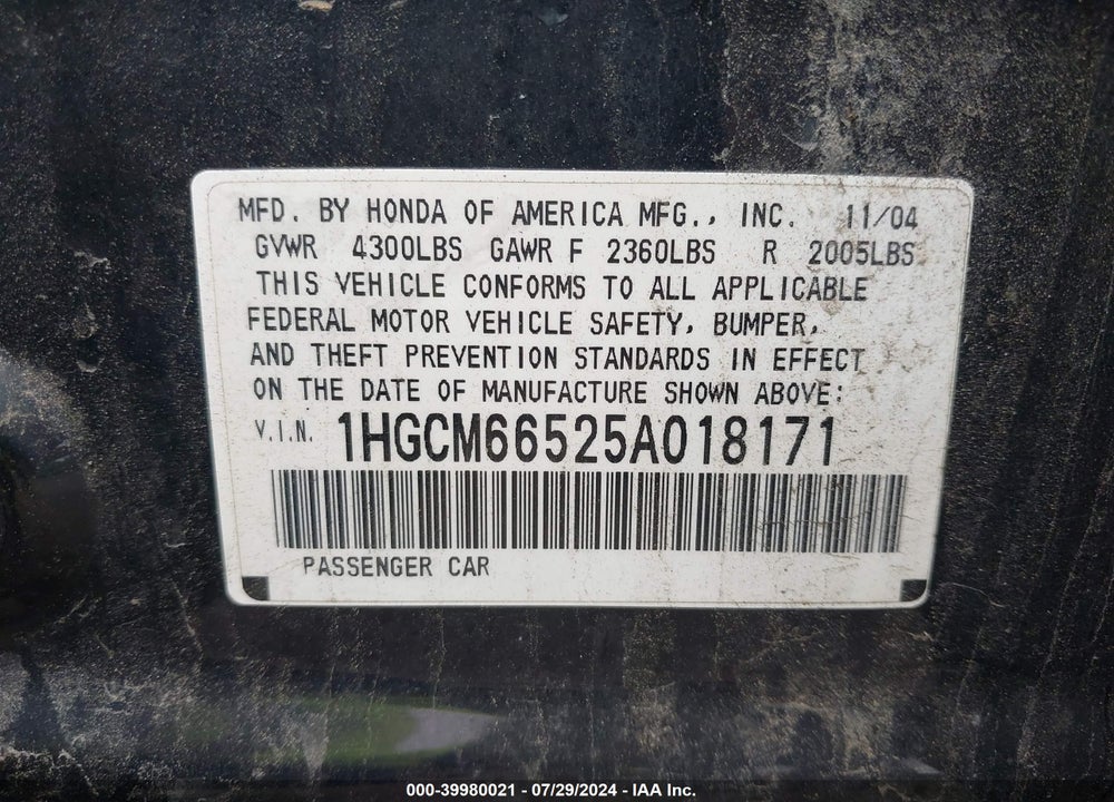 2005 HONDA ACCORD 3.0 EX VIN: 1HGCM66525A018171