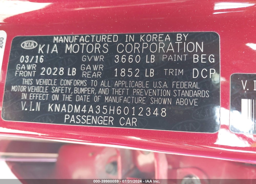 2017 KIA RIO LX VIN: KNADM4A35H6012348