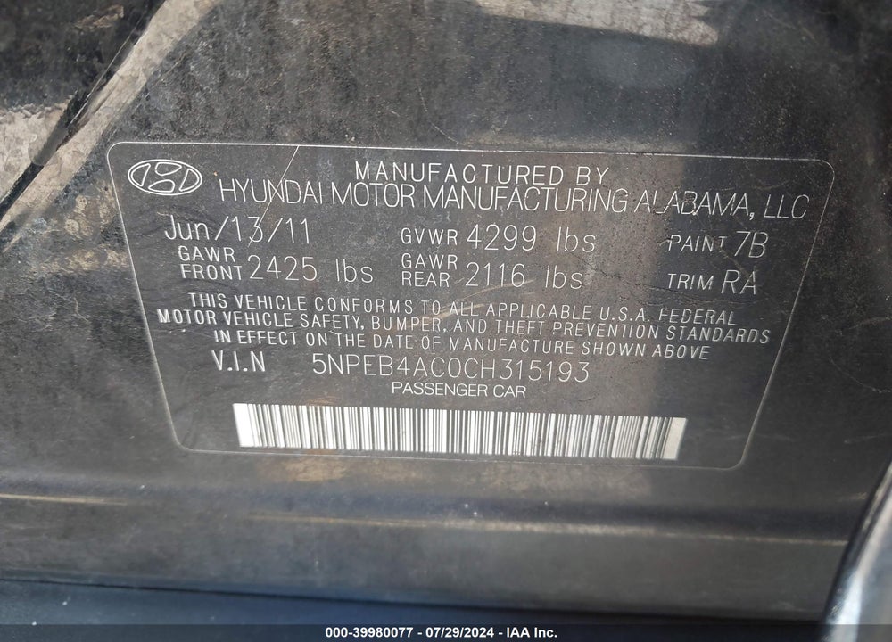 2012 HYUNDAI SONATA GLS VIN: 5NPEB4AC0CH315193