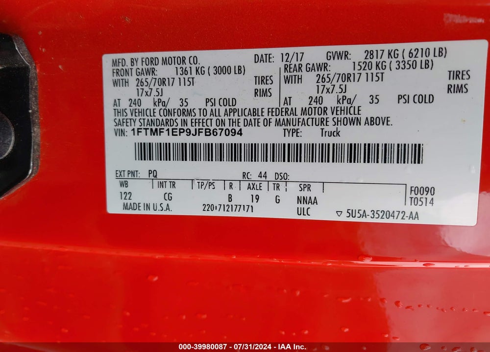 2018 FORD F-150 XL VIN: 1FTMF1EP9JFB67094