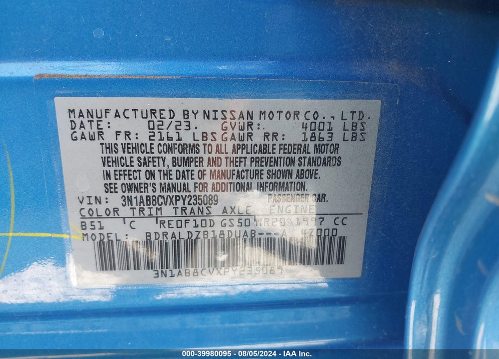 2023 NISSAN SENTRA SV XTRONIC CVT VIN: 3N1AB8CVXPY235089
