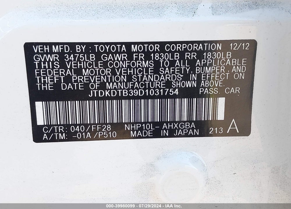 2013 TOYOTA PRIUS C FOUR/ONE/THREE/TWO VIN: JTDKDTB39D1031754