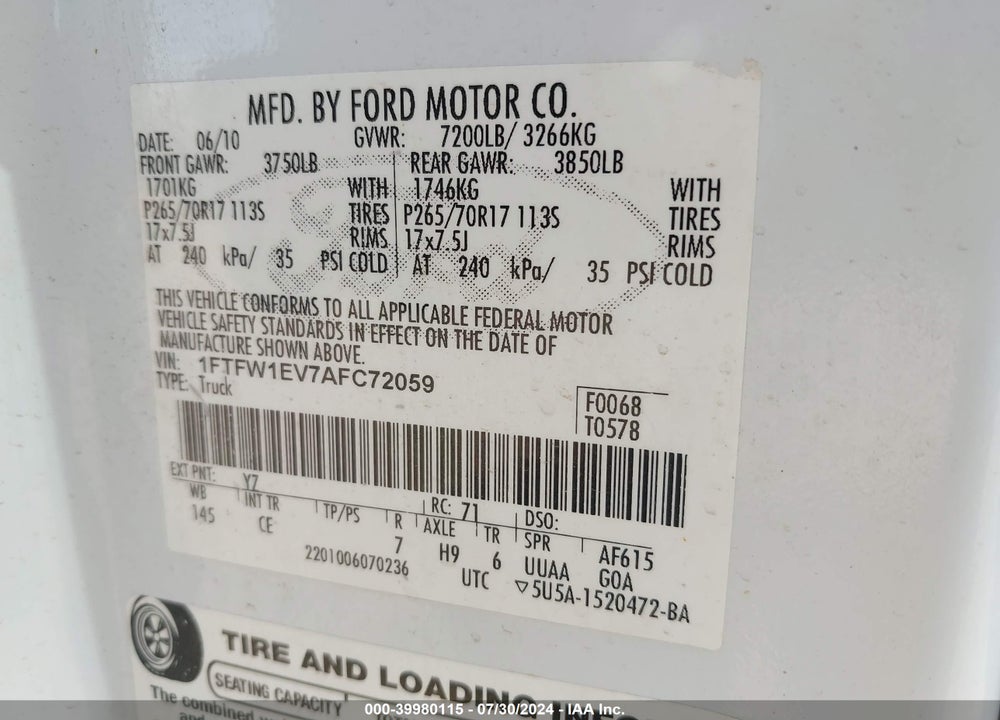 2010 FORD F-150 FX4/HARLEY-DAVIDSON/KING RANCH/LARIAT/PLATINUM/XL/XLT VIN: 1FTFW1EV7AFC72059
