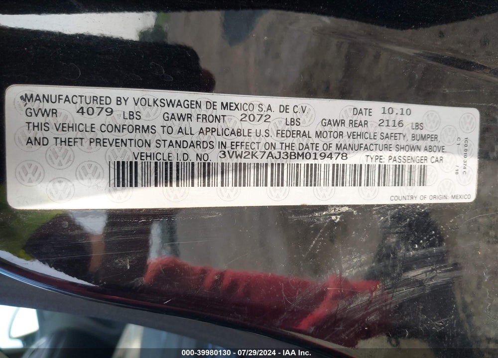 2011 VOLKSWAGEN JETTA 2.0L S VIN: 3VW2K7AJ3BM019478