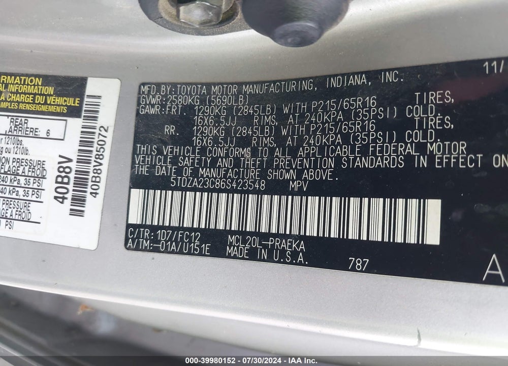 2006 TOYOTA SIENNA LE VIN: 5TDZA23C86S423548