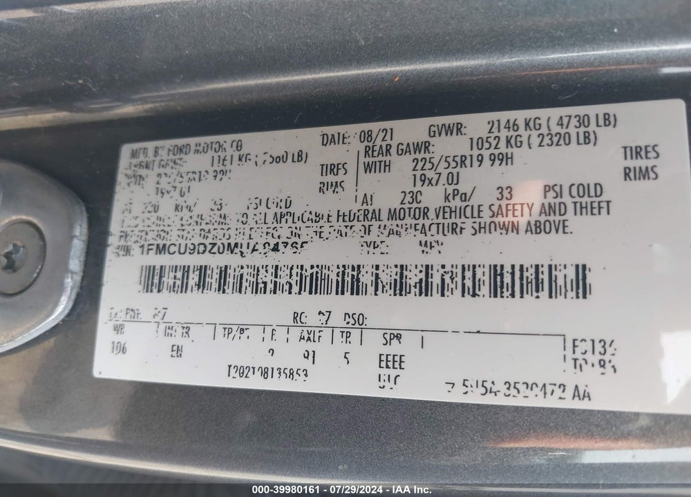 2021 FORD ESCAPE TITANIUM HYBRID VIN: 1FMCU9DZ0MUA84765