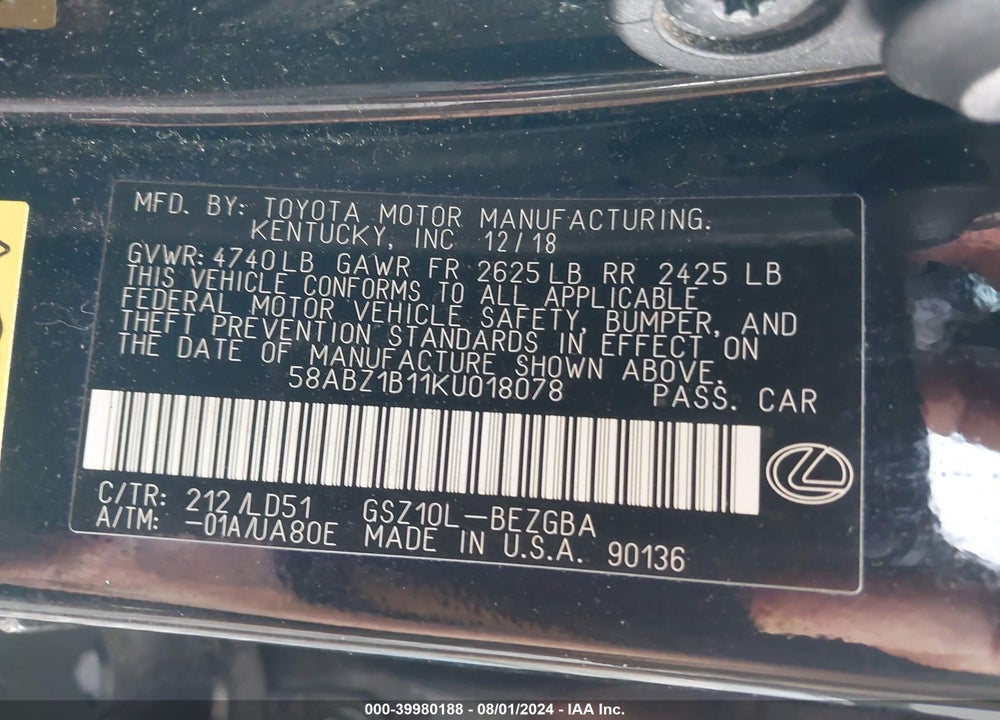 2019 LEXUS ES 350 VIN: 58ABZ1B11KU018078