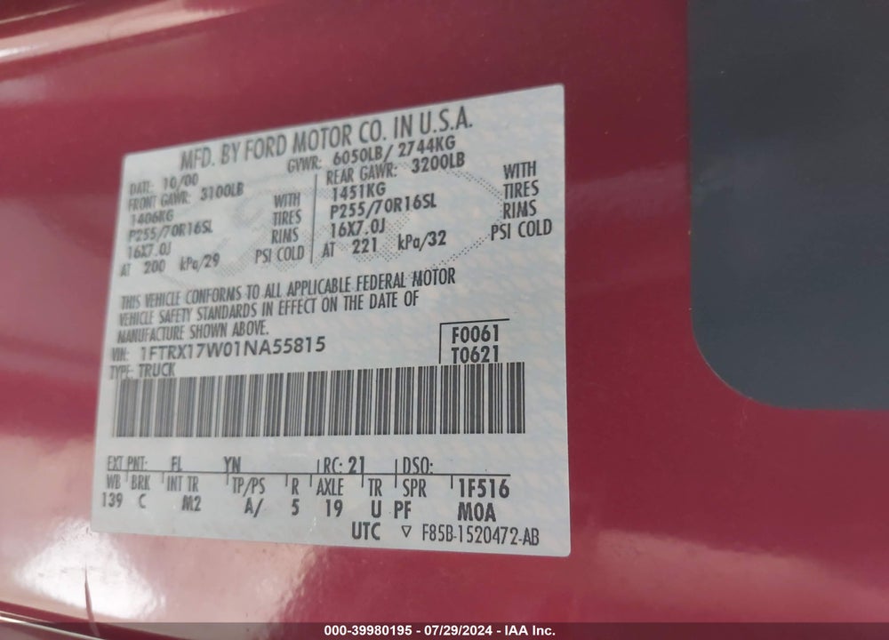 2001 FORD F-150 LARIAT/XL/XLT VIN: 1FTRX17W01NA55815