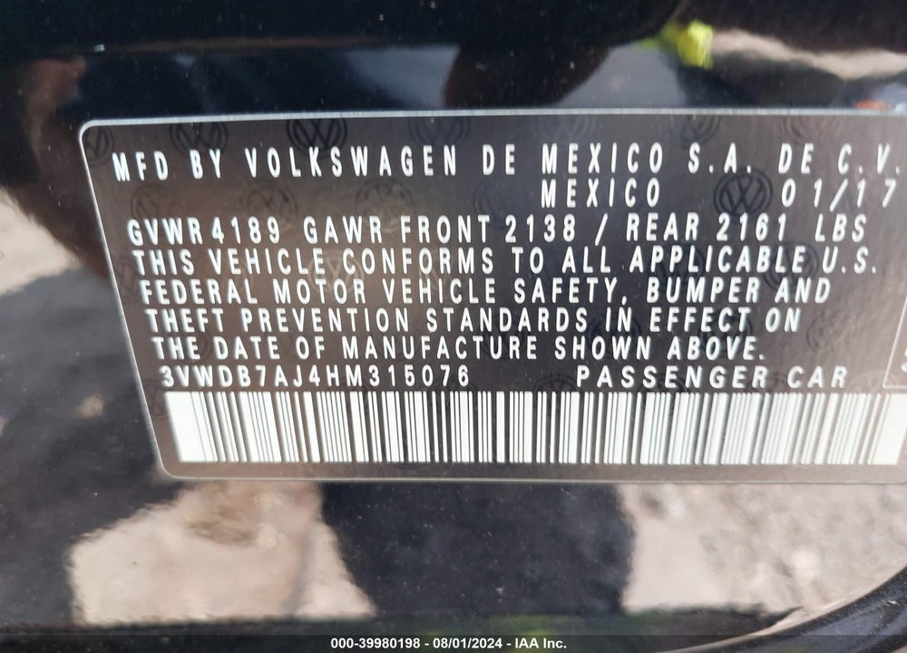 2017 VOLKSWAGEN JETTA VIN: 3VWDB7AJ4HM315076