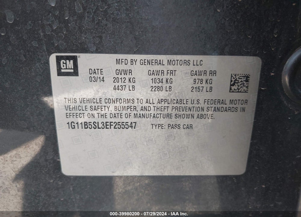 2014 CHEVROLET MALIBU 1LS VIN: 1G11B5SL3EF255547