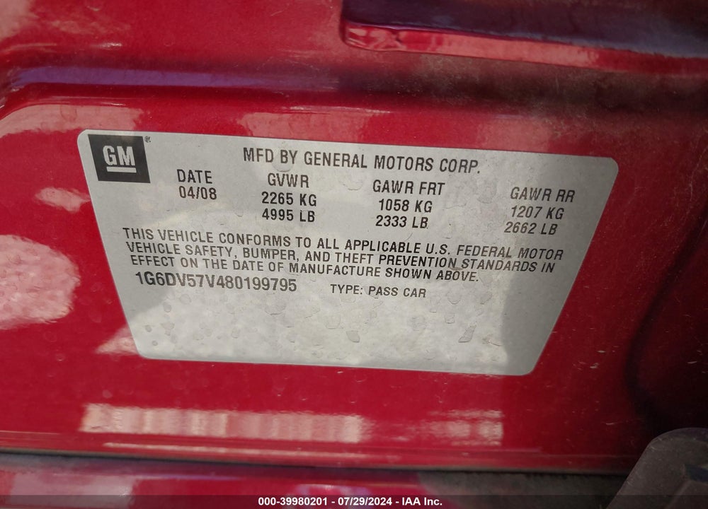 2008 CADILLAC CTS STANDARD VIN: 1G6DV57V480199795