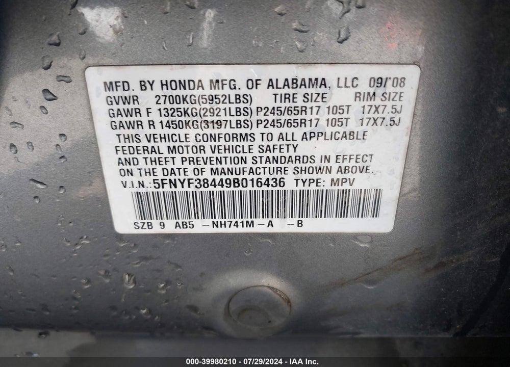 2009 HONDA PILOT VIN: 5FNYF38449B016436
