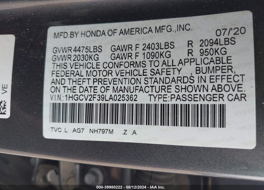 2020 HONDA ACCORD SPORT 2.0T VIN: 1HGCV2F39LA025362