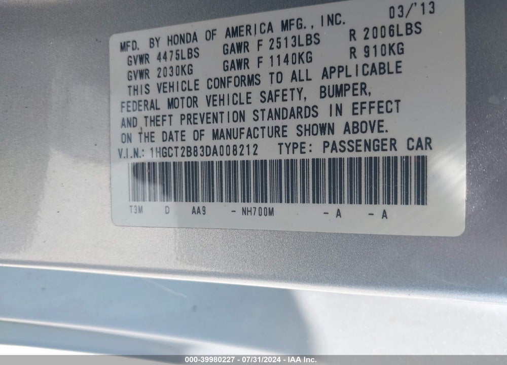 2013 HONDA ACCORD EX-L V-6 VIN: 1HGCT2B83DA008212