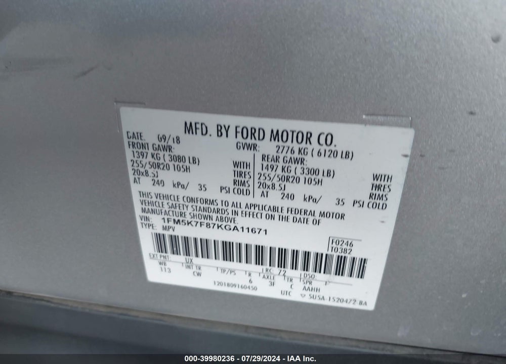 2019 FORD EXPLORER LIMITED VIN: 1FM5K7F87KGA11671